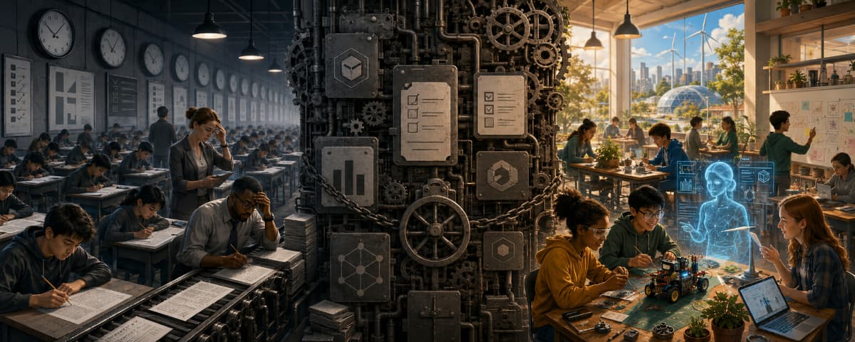 Split illustration contrasting a dark, test-driven classroom with a bright project-based learning space, separated by a large mechanical barrier symbolizing the education system.