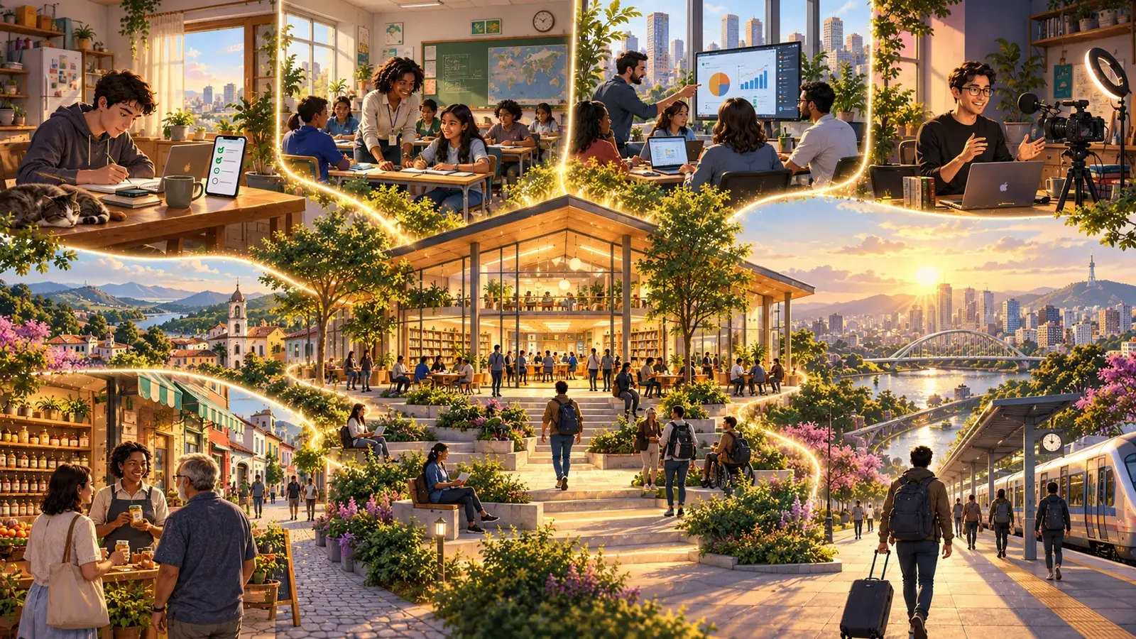 Illustration of people learning at home, in a classroom, at work, in a studio, in a shop and at a train station, all connected by paths of light to a shared library in the center.